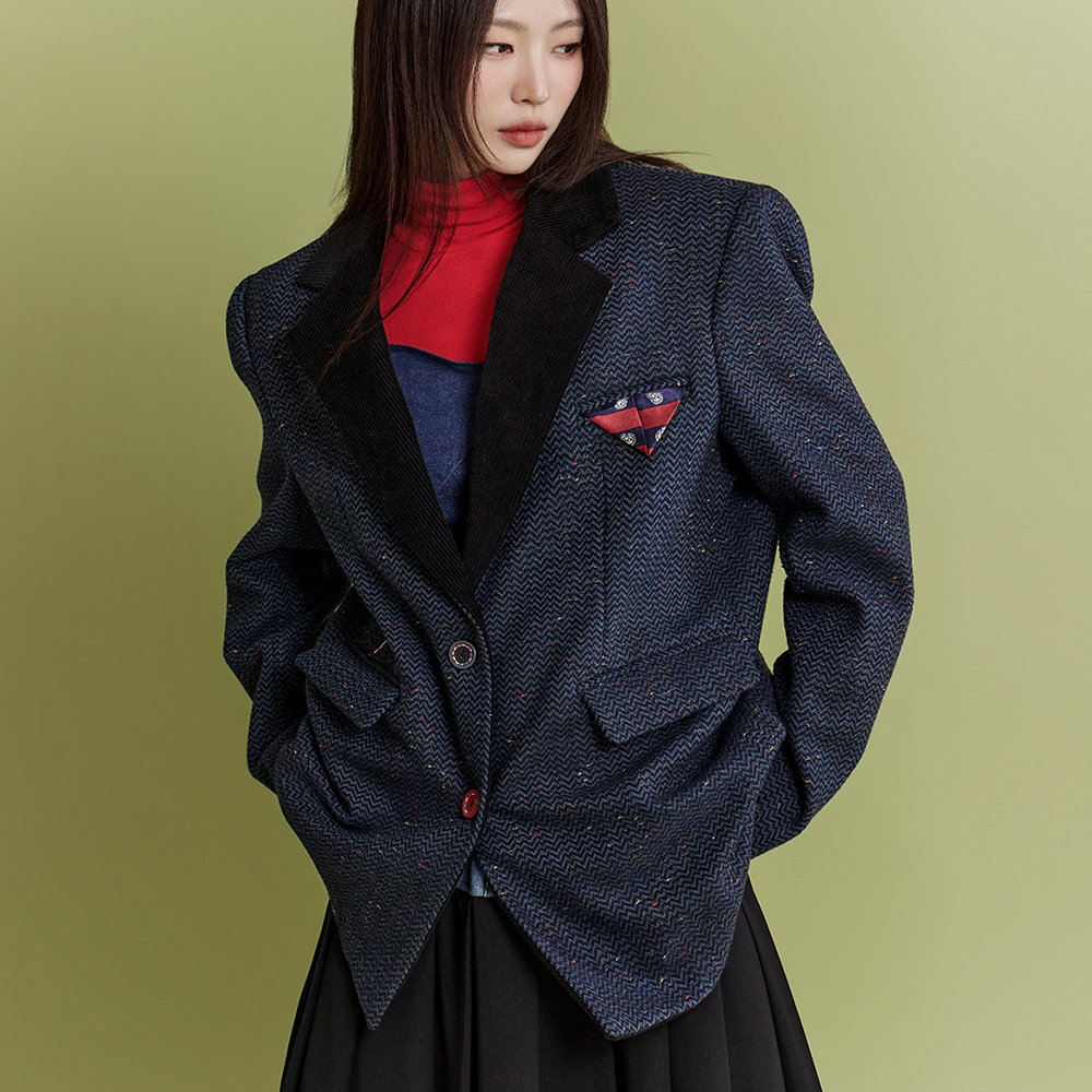J2145 コーデュロイ 配色 刺繍 シングル ジャケット 韓国